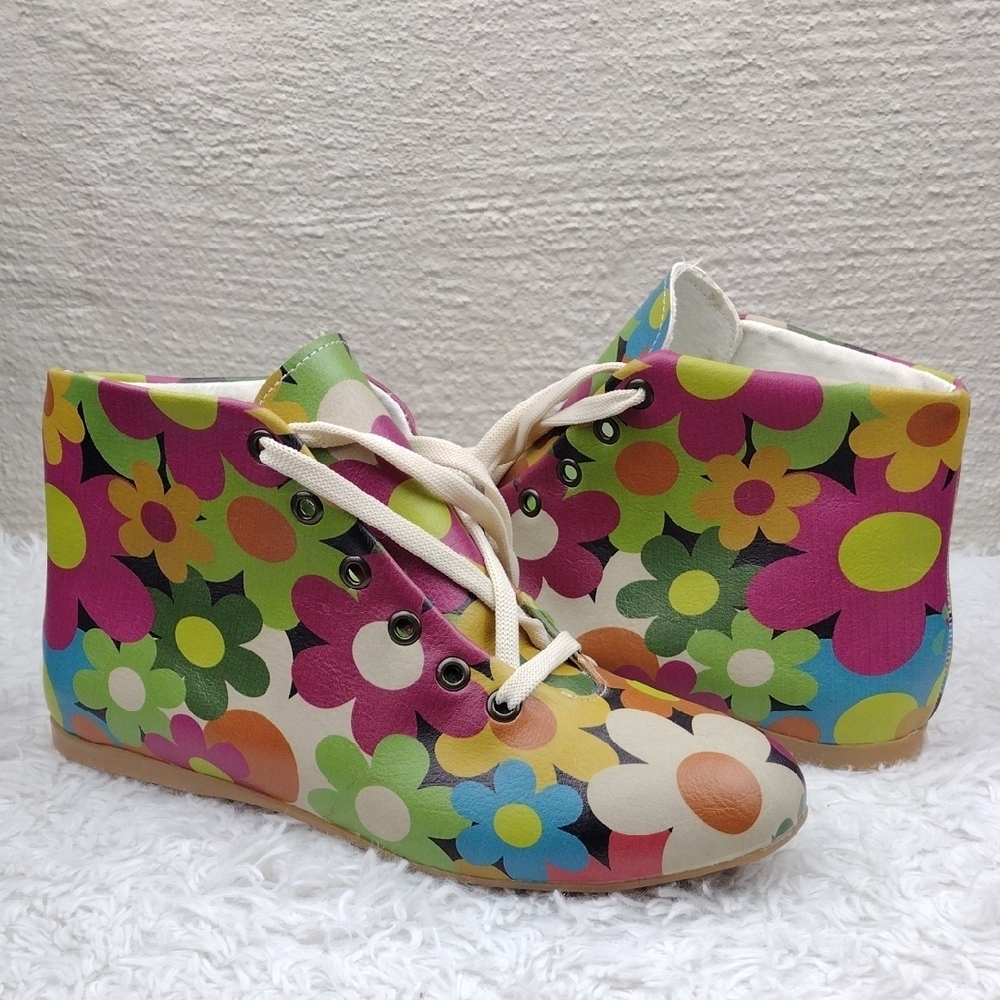 Goby Colorful Floral Textile Round Toe Lace Up Flat High-Top Sneaker Shoe